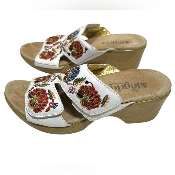 Alegria by PG Lite Leather White Floral Embroidered Heeled Sandals Slip On Heels - Picture 1 of 12